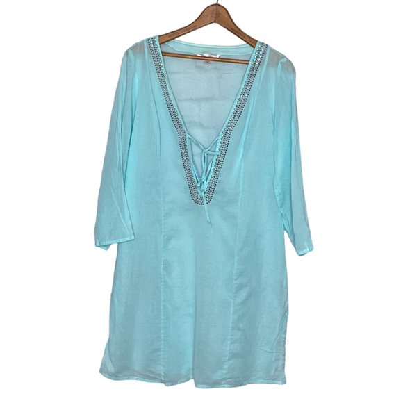 Vintage Y2K Victoria's Secret M L Blue Embellished V-Neck Swim Cover Up Dress - Picture 1 of 5
